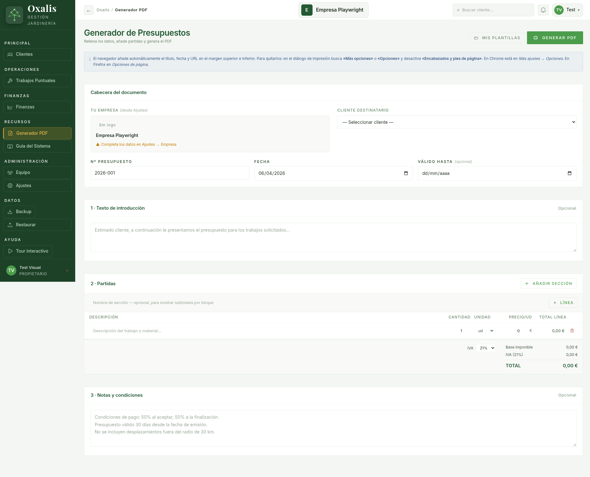Generador de presupuestos PDF de Oxalis con logo y líneas
